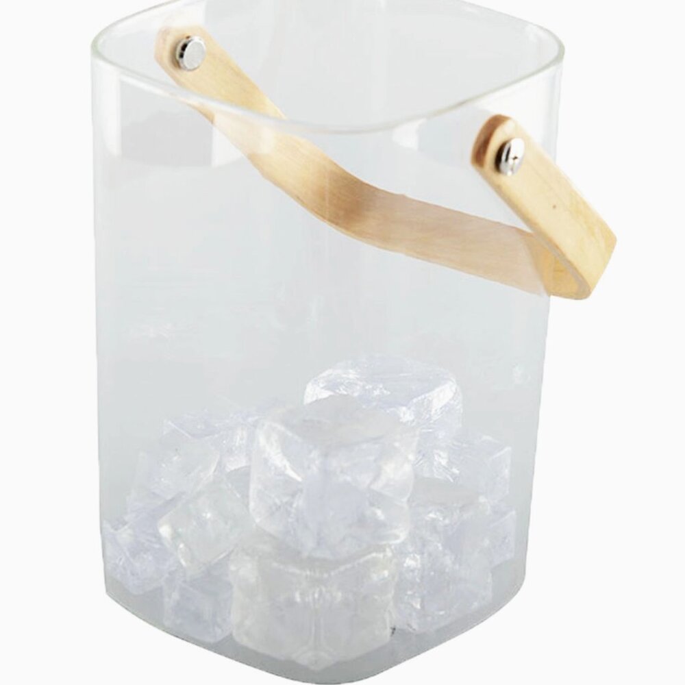 11.5" x 11" x 15.5" glass ice bucket with wooden handles